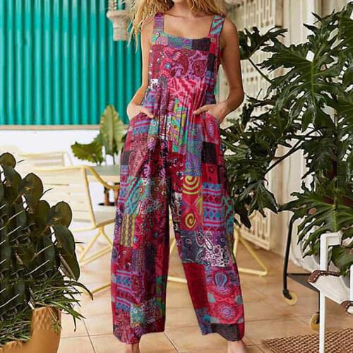 Vintage Floral Print Elegant Women Jumpsuits 2020 Summer Sleeveless Loose Trousers Jumpsuit Lady Pocket Plus Size Casual Rompers