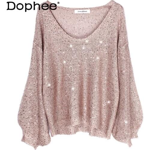 Elegant Goddess Spring and Summer New Arrival Fashion Knitwear V-neck Lantern Sleeve Top Solid Color Sequins Knitted Sweater