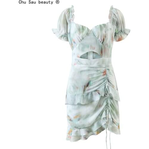 2021 Summer New Ruffle V-Neck Chic Drawstring Print Folds Puff Sleeve Hollow Out Women Dress Sexy Vestido Fashion