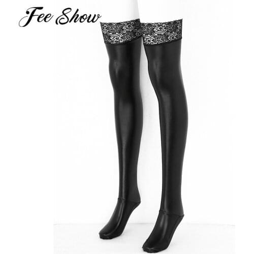 Woman Erotic Sexy Lingerie Fetish Latex Stockings Wet Look Patent Leather Thigh High Lace Floral Female Hosiery Pole Dance Wear