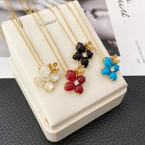 Brand Pure 925 Sterling Silver Jewelry For Women Sakura Flower Neckalce Cherry Flower Pendant Luck Clover Wedding Party Necklace