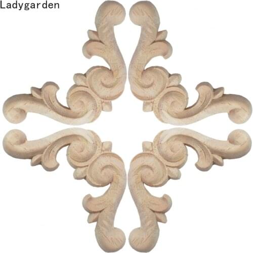 10PCS Decoration Accessories Solid Wood Applique Carved Mouldings Woodcarving Furniture Vintage Home Statues Flower Sculptures