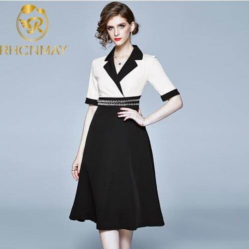 Runway 2020 New Beading Dresses Superior Quality Women Vintage Patchwork Turn down collar Dress Summer Party Dresses