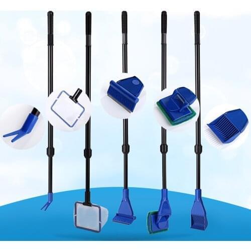 5 In 1 Fish Aquarium Tank Telescopic Brush Fish Net Gravel Rake Algae Scraper Grass Fork Sponge Brush Glass Cleaning Tool Sets