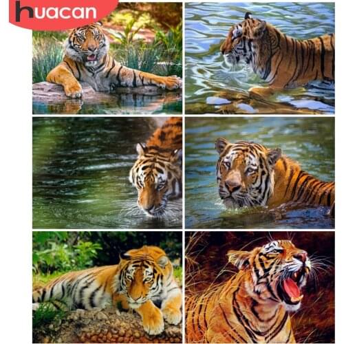 HUACAN Diamond Painting Animal Tiger Cross Stitch 5D Diamond Embroidery Mosaic Water Home Decor Wall Art