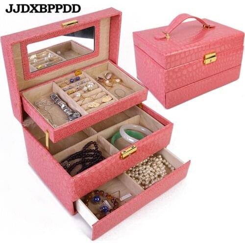 Automatic Leather Jewelry Carrying Cases Three-layer Storage For Women Earring Ring Decoration Bijoux Cosmetic Organizer Casket