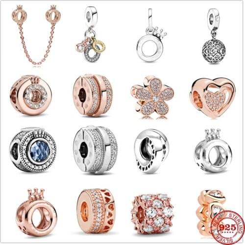 New Sparkling Pavé Flower Crown O Dangle Lines Chain Clip Bead fit Original Pandora Charms Silver 925 Bracelet DIY Women Jewelry