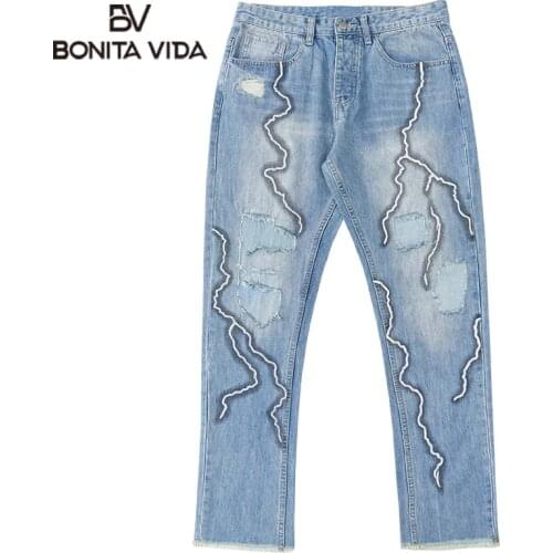 Bonita Vida Streetwear Lightning Ripped Jeans Distressed Destroyed Holes Denim Pants Hip Hop Baggy Casual Harajuku Trousers
