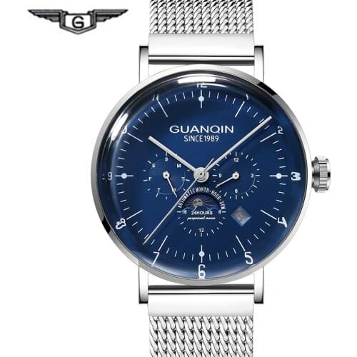 Fashion Multifunction Mechanical Watches men GUANQIN 2019 Automatic Watch men Calendar 3D Curve Mirror Milanese Strap Moon Phase