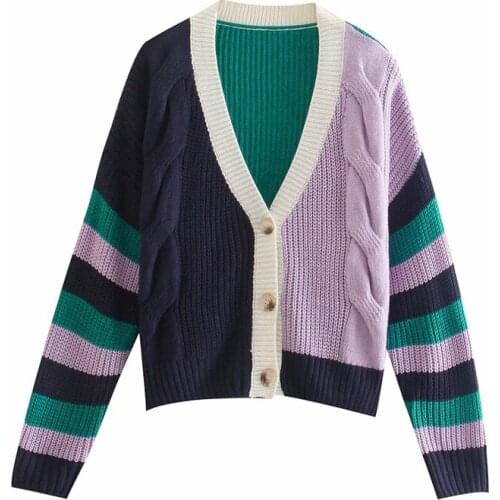 Evfer Women Fashion Patchwork Striped Knitted Short Za Cardigans Girls Casual V-Neck Long Sleeve Single Breasted Sweater Outwear