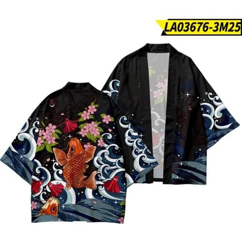 Japanese Kimono Black Carp Floral Print Cardigan Men Summer Samurai Streetwear Shirt Kimono And Pant Suit Haori Yukata