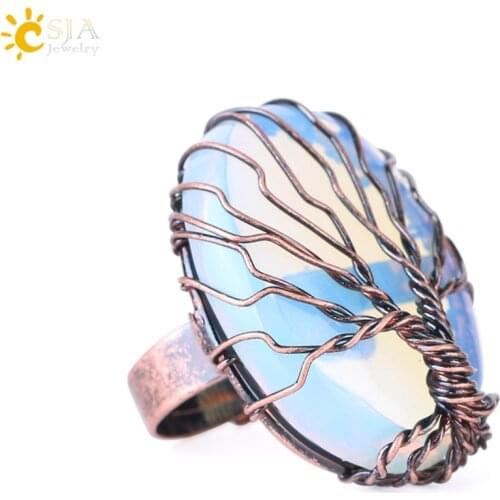 CSJA Antique Rings for Women Vintage Finger Jewelry Egg Shape Natural Stone Bead Wire Wrapped Tree of Life Adjustable Ring F391