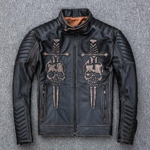 Black Stonewashed Vintage Mens Biker Leather Jacket Stand Collar Genuine Thick Cowhide Slim Fit Motorcycle Coat Short Style