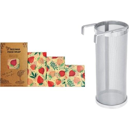 1 Set Reusable Beeswax Cloth Wrap Food Fresh Bag & 1 Set Homemade Brew Beer Hop Mesh Filters Strainer with Hook