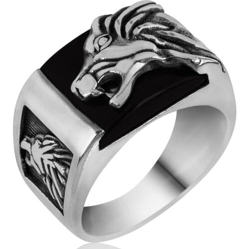 Solid 925 Sterling Silver Handmade Black Onyx Stone Lion Mens Ring