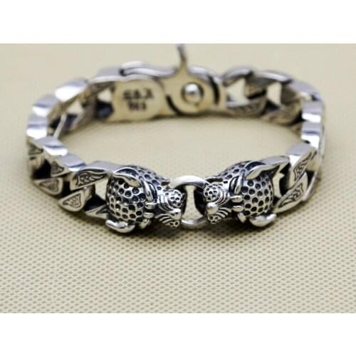 Double Leopard Head Thick Bracelet Men 64.1g 100% Pure Solid Sterling Silver 925 Top Fashion Antique Silver 925 Jewelry Men Gift