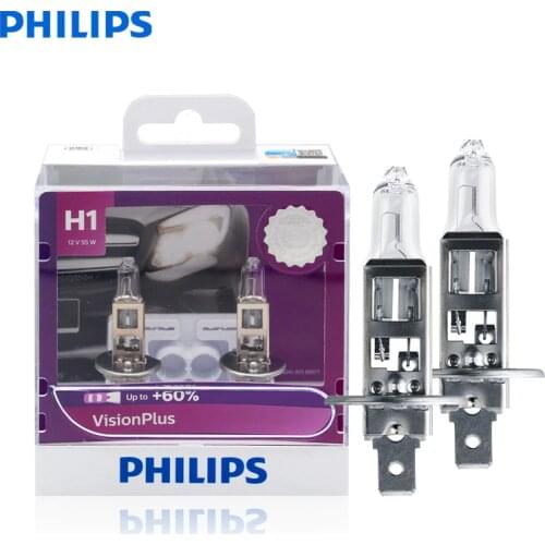 Philips H1 12V 55W P14.5s VisionPlus Halogen Car Headlight VP +60% More Bright Light Auto Lamps Original Bulbs 12258VPS2, 2X