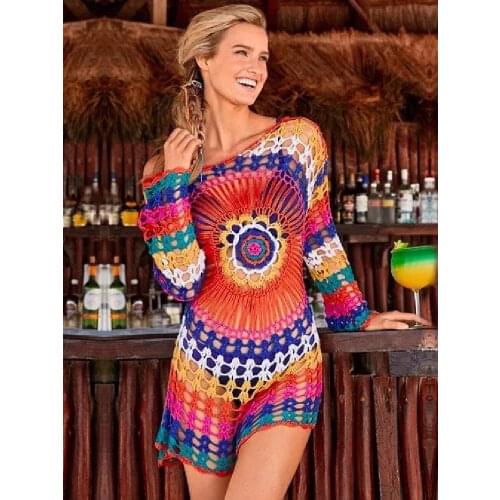Handmade Knitted Beach Cover Up Tunics for Beach Swimsuit Crochet Cover Ups Sarong Beach Saida Praia Sarong Beach Kaftan #Q498