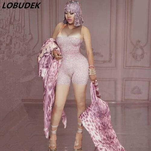 Pink Rhinestones Tight-fitting Stretch Jumpsuit Sexy Leotard Stage Wear Lady DJ Singer Nightclub Costume Party Performance Wear