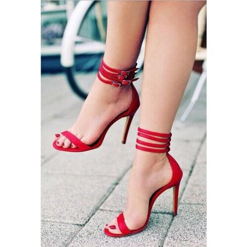 Sestito New Fashion Lady Elegant Red Peep Toe Buckle Strap Gladiator Sandals Woman Simple Thin High Heels Dress Wedding Shoes