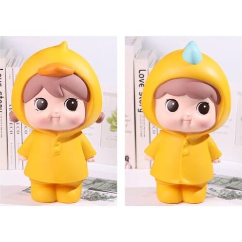Cartoon Yellow Raincoat Boy Girl Coin Bank Resin Statue Doll Money Saving Box new
