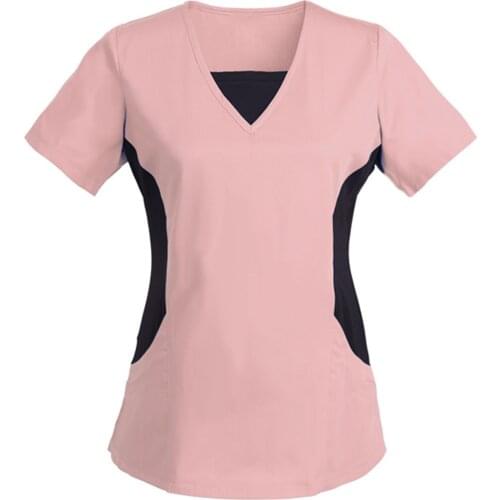 Women Blouse Short Sleeve V-neck Tops Work Uniform Solid Patchwork Color Pocket Blouse Nurse Color Pocket Blouse Accessories
