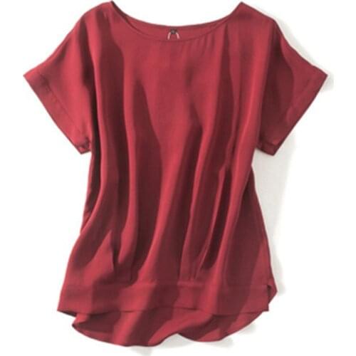 100%silk women fashion t-shirt loose unregular hem low Oneck short sleeve white 4color M/2XL retail mix bulk negotiable