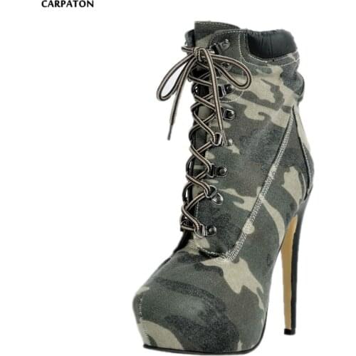 Carpaton Hot Selling Platform High Heel Boots 2019 Newest Camouflage Printed Ankle Boots Woman Riding Boots Lace-up Fashion Boot