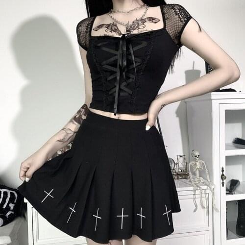 Dark College Suit Punk Functional Wind A- line Tactical Half Pleated Skirt Korean Style Black Skirt Cross Stitch Flower Skirt