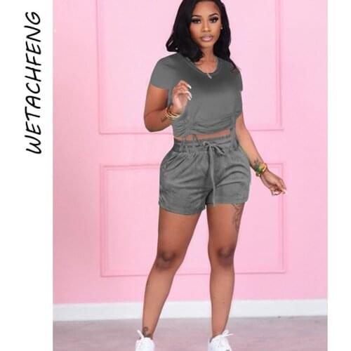 Hot Sale Sportswear Gray Drawstre Crop Top And Biker Shorts Sets 2021 Tracksuit Women Fitness Silm Club Outfits Two Piece Sets