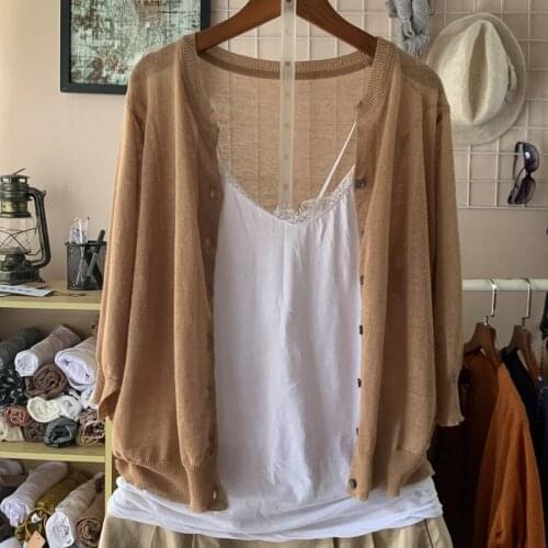 Lightweight Cotton Knitted Women Sweater Cardigan Summer Vintage 2021 O-Neck Half Sleeved Female Outwear Coats Tops