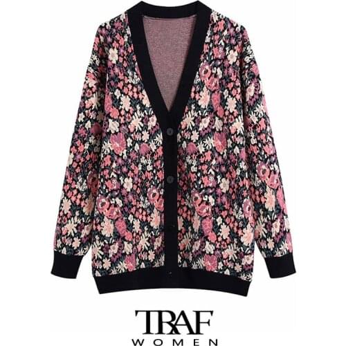 TRAF Za Women Fashion Jacquard Floral Knitted Cardigan Sweater Vintage Long Sleeve Button-up Female Outerwear Chic Tops