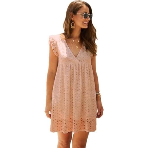Women Sexy Solid Color V Neck Ruffled Edges Hollow out Loose Mini A Line Dress
