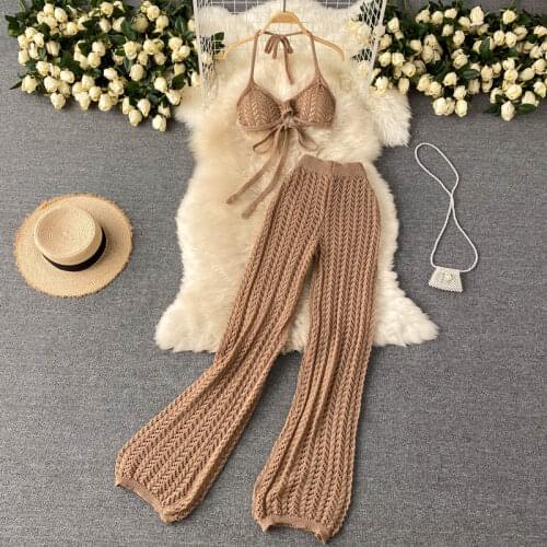 2021 New Fashion Seaside Holiday Suit Womens Summer Sexy Bikini Tie Halter Top Hollow Knitted Wide-leg Pants GL367