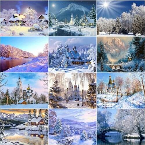 CHENISTORY 5D DIY Full Drill Diamond Embroidery Snowhouse Craft Kit Mosaic Winter Landscape Needlework Home Decor 40x50cm