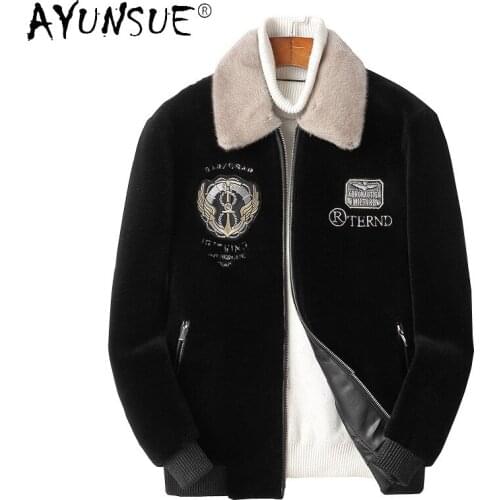 AYUNSUE Winter 100% Real Sheep Shearling Coat Men 2021 Mink Fur Collar Jackets for Men Black Wool Parkas Casaco Masculino Gxy262