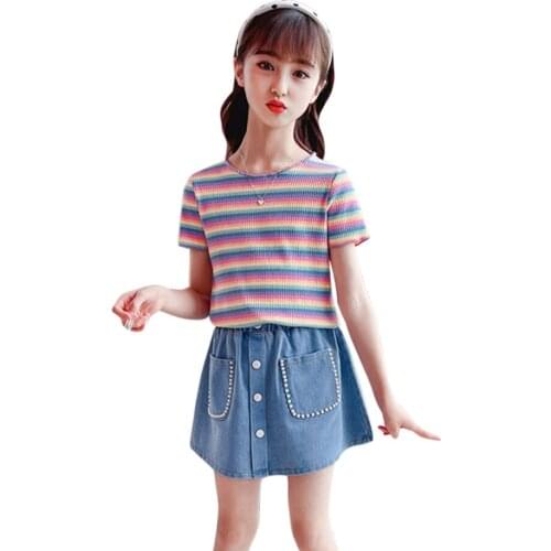 Kids Clothes Girls Striped Tshirt + Denim Skirt Childrens Clothes For Girls Summer Teenage Clothes For Girls Casual Style Child
