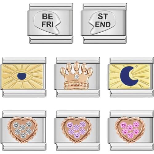 Hapiship Original Daisy Rose Heart Crown Dazzling CZ Italian Links Charm Fit 9mm Bracelet Stainless Steel Jewelry Making DJ250