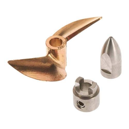 CNC machined brass propeller and stainless steel conical M4 propeller nut and drive dog for the Traxxas Spartan Boat