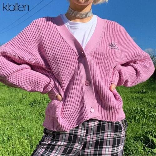 KLALIEN High Street Casual Office Lady Sweet Pink Cardigan Sweater Women Fashion Simple Letter College Style Cute Female Sweater