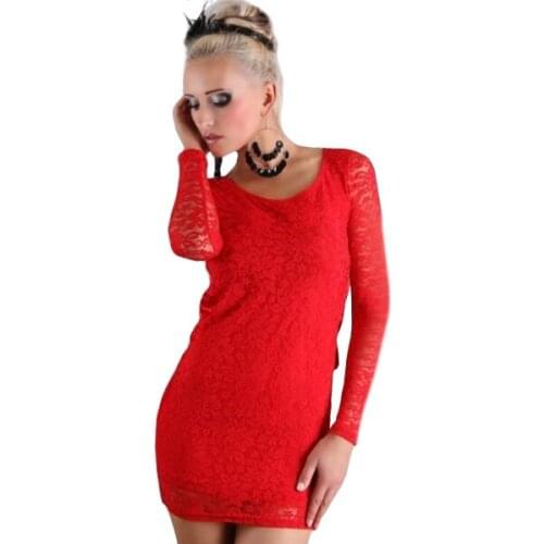 Wendywu Fashionable Sexy Women Club Long Sleeve Solid Red Lace Bodycon Mini Dress