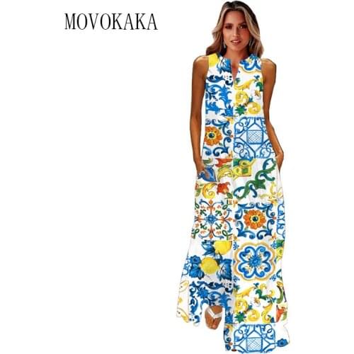 MOVOKAKA National Printed Summer Dress 2021 Beach Elegant Casual Plus Size Long Dresses Woman Sleeveless Girls Maxi Dress Women