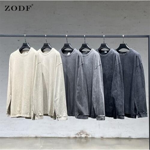 ZODF New 2021 Men Autumn Long Sleeve T Shirts Washed Vintage Loose High Street 100% 290gsm Cotton O-Neck T-Shirt Tees HY0169