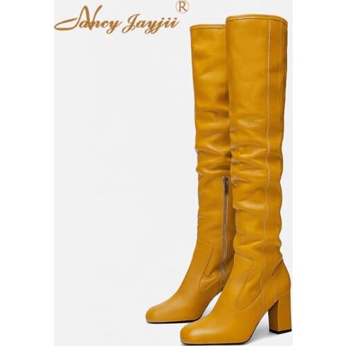 Pleated Long Boots Winter Womens Shoes Ladies Knee High Thick Heeled Brown Zipper Leisure Mature 2019 Comfortable Big Size 44 45