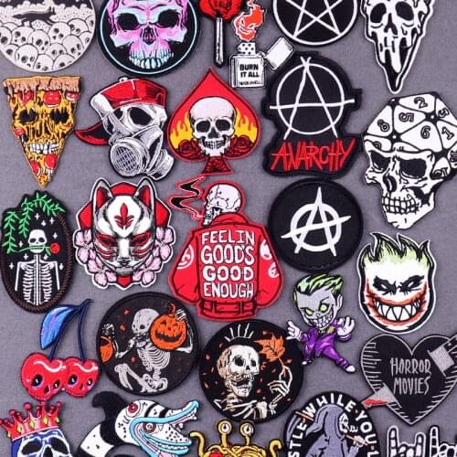 Punk Biker Skull Embroidered Patches For Clothing Stickers Joker Patch Iron On Patches On Clothes Badges On Backpack Accessory