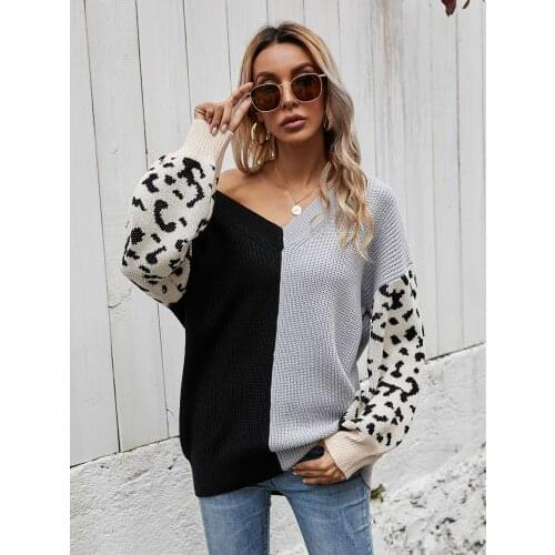 H80&S90 New Women Leopard Patchwork Knitted Sweater Fashion Vintage Boho Jumper Knitwear Pullover Female V-Neck Hot Tops