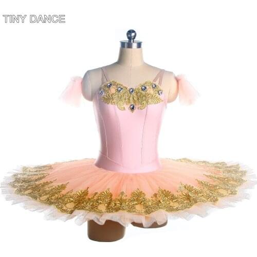 Pale Pink Spandex Bodice Professional Ballet Dance Tutu with Sparkling Gold Sequin Trim Pancake Tutu Skirt for Girls BLL405