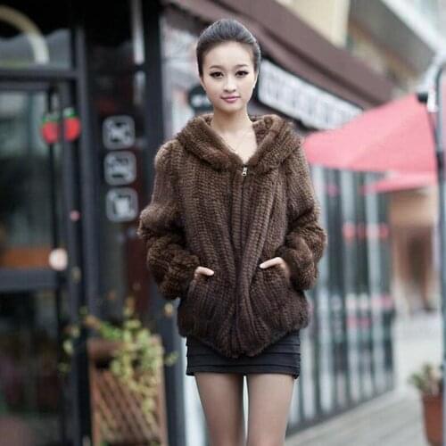 Natural Real mink fur knitted outerwear casual with a hood fur clothes cape overcoat