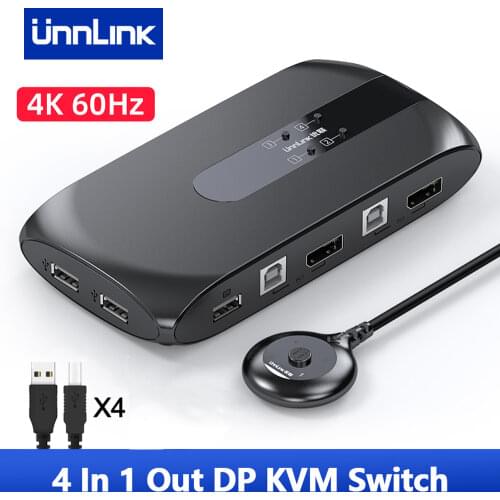 Unnlink Displayport KVM Switch 4K 60Hz DP Switcher 4 Computers Share 1 Monitor 4 USB 2.0 Ports Mouse Keyboard for Host Laptop TV