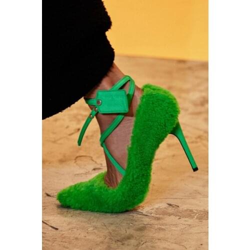 US4-11 Womens Pointed Toe Fur Furry Stilettos High Heel Cross-straps Pumps Luxury Real Leather Shoes Plus Size 6Colors